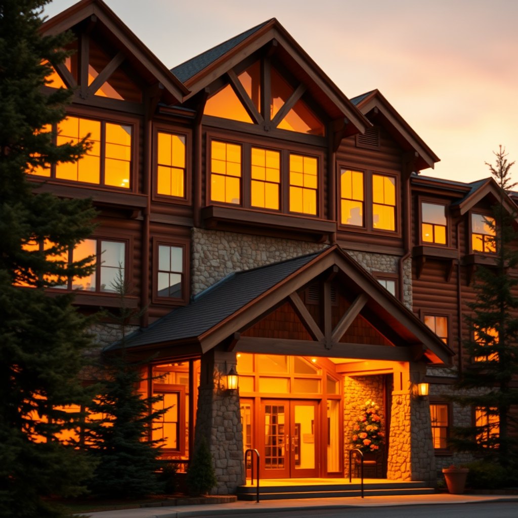 Timber and stone mountain lodge exterior with a lit entry portico at dusk