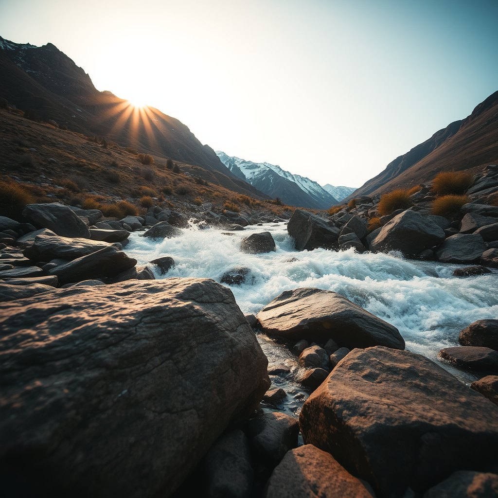 Mountain creek running high and white over boulders in a steep valley