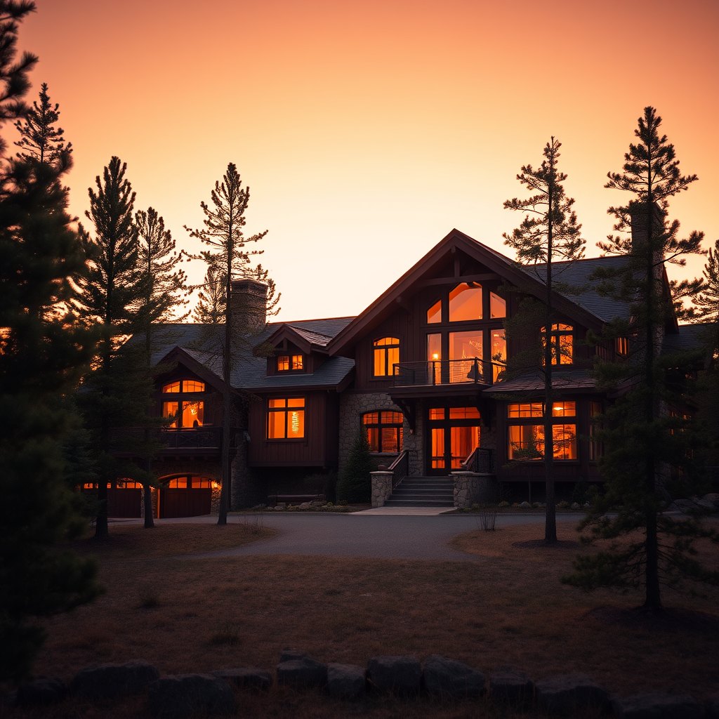 Timber-and-stone mountain estate with warm glowing windows among pine trees at golden hour