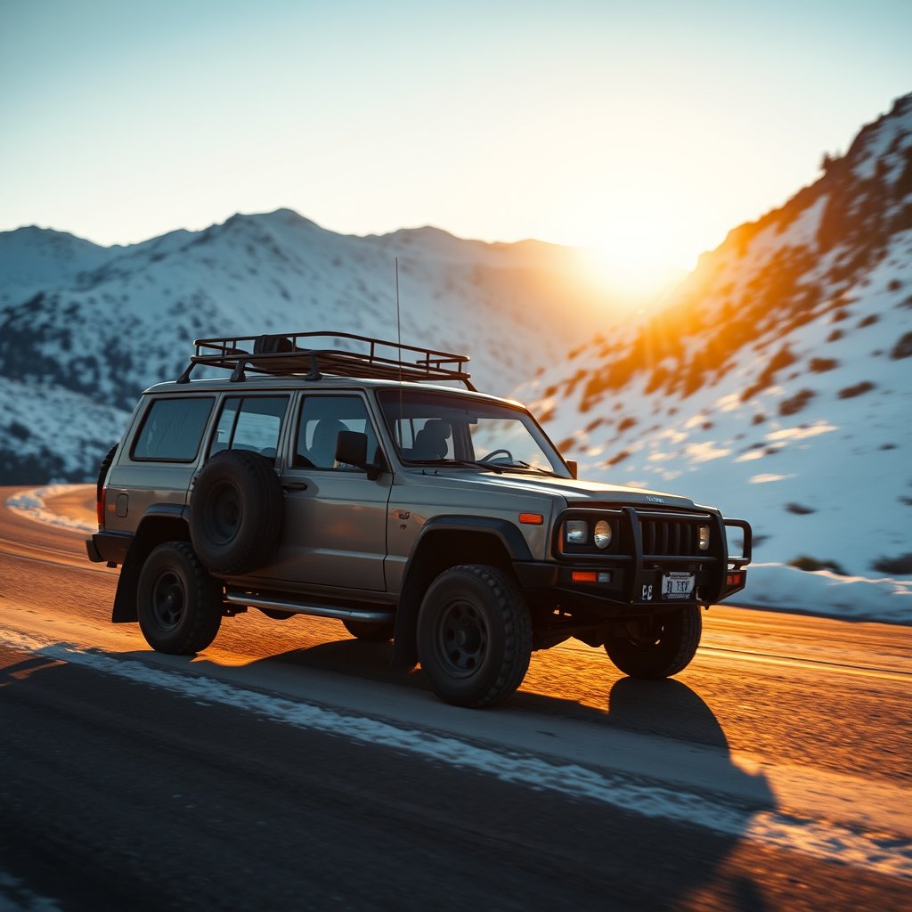 Four-wheel-drive SUV on a snowy mountain pass road at low sun
