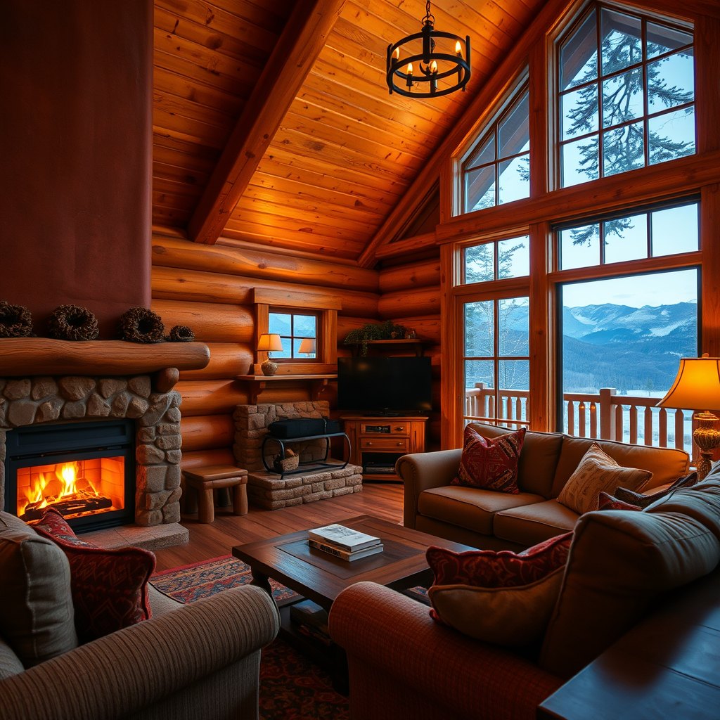 Warm-lit log chalet living room with a lit fireplace and mountain view windows