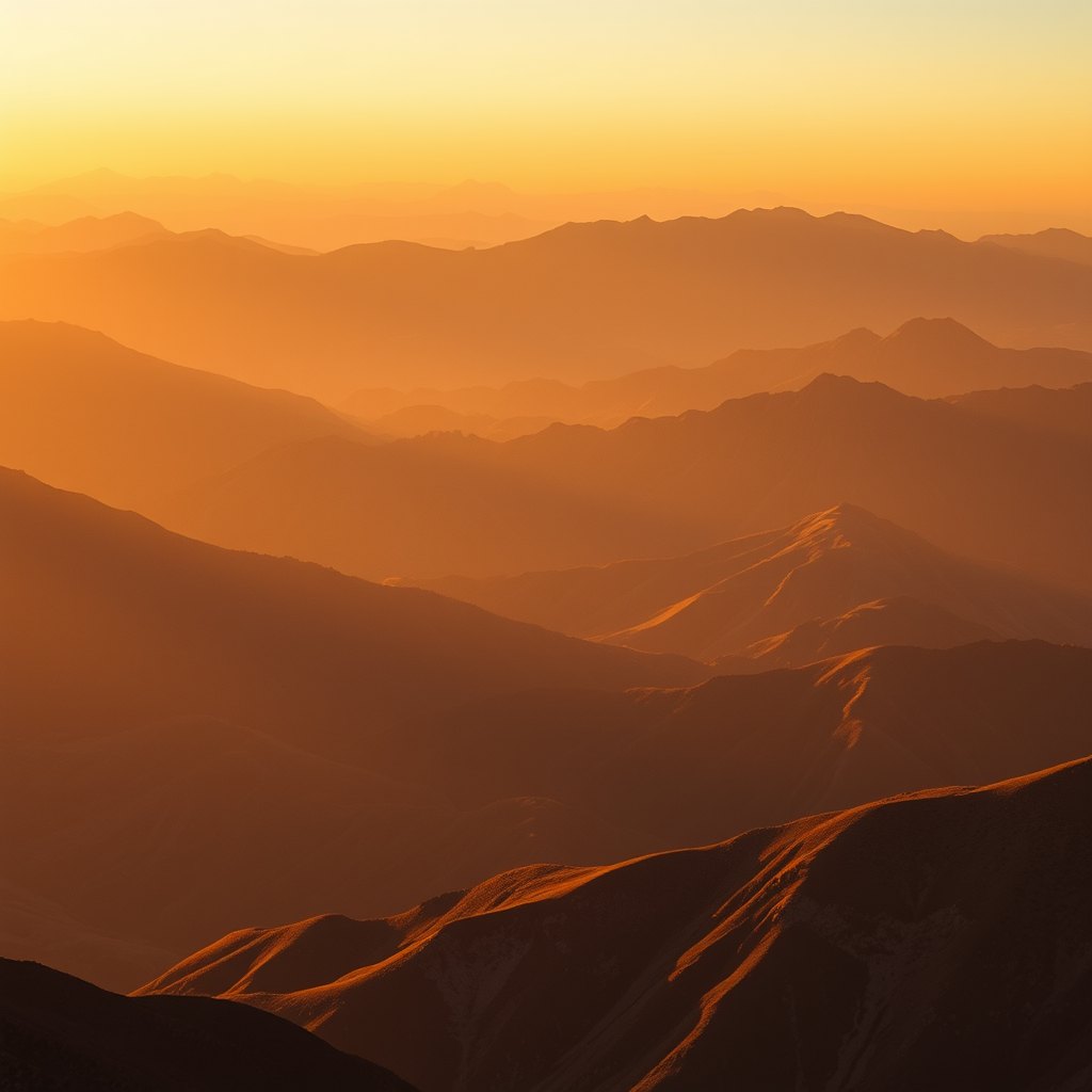 Layered mountain ridgelines washed in warm amber light at golden hour
